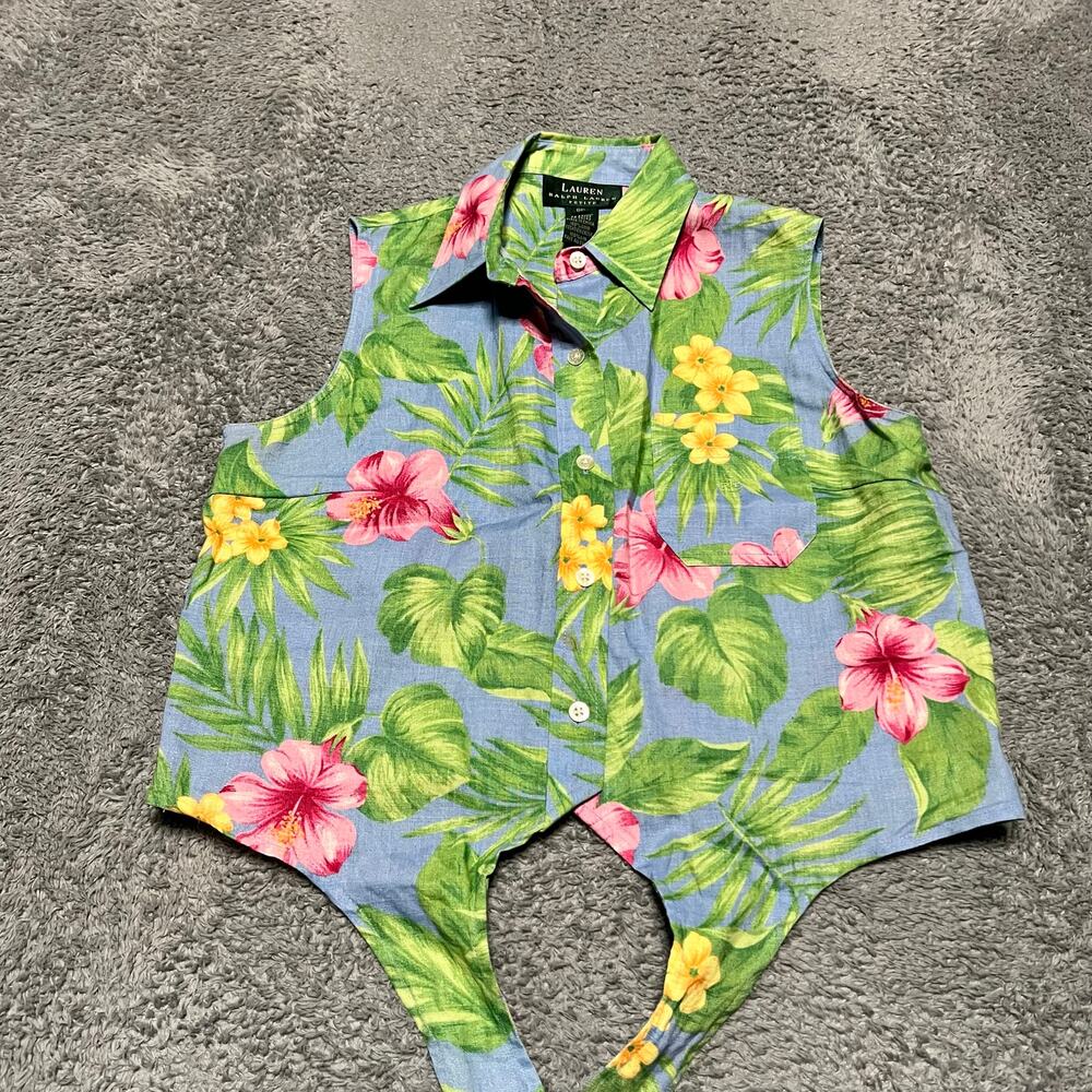 Lauren Ralph Lauren Shirt Womens 8P Blue Linen Tropical Floral Aloha Tank Casual